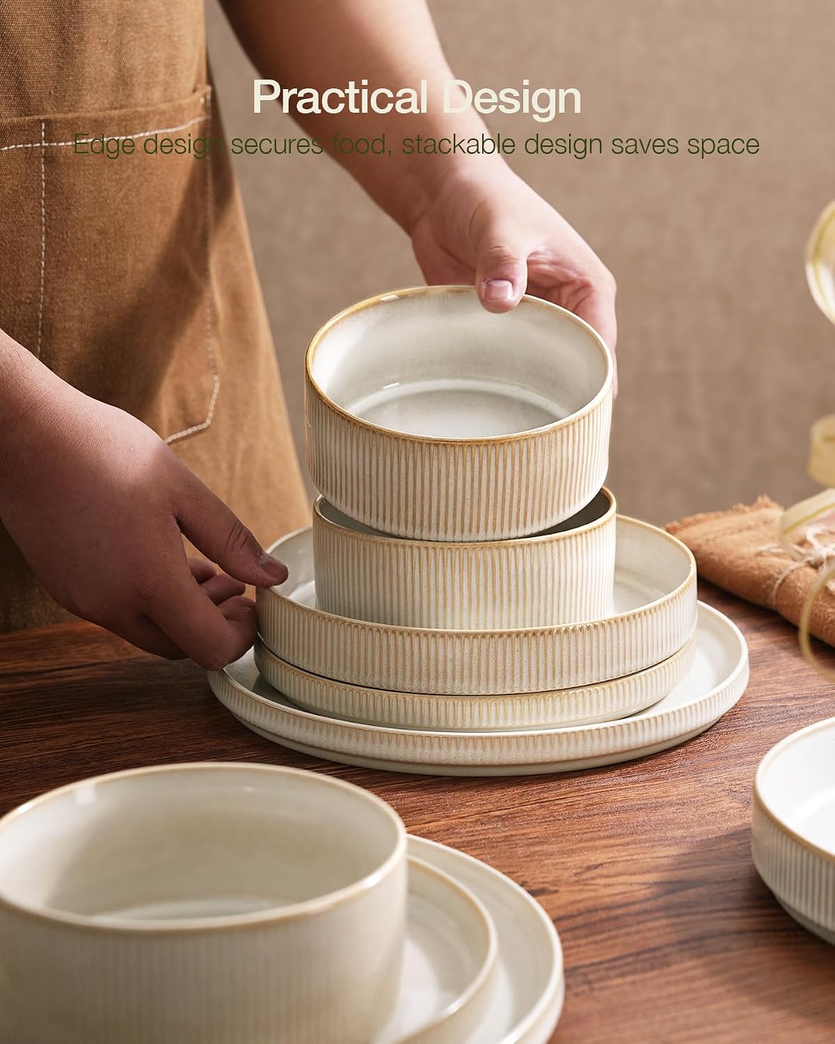 Famiware Star Stoneware Dinnerware Sets with Pasta Bowls, 16pc Dishes for 4 | Ceramic Plates and Double Bowls. Chip & Scratch Resistant. Microwave & Dishwasher Safe, Everyday Formal Use, Cappuccino White - Image 6