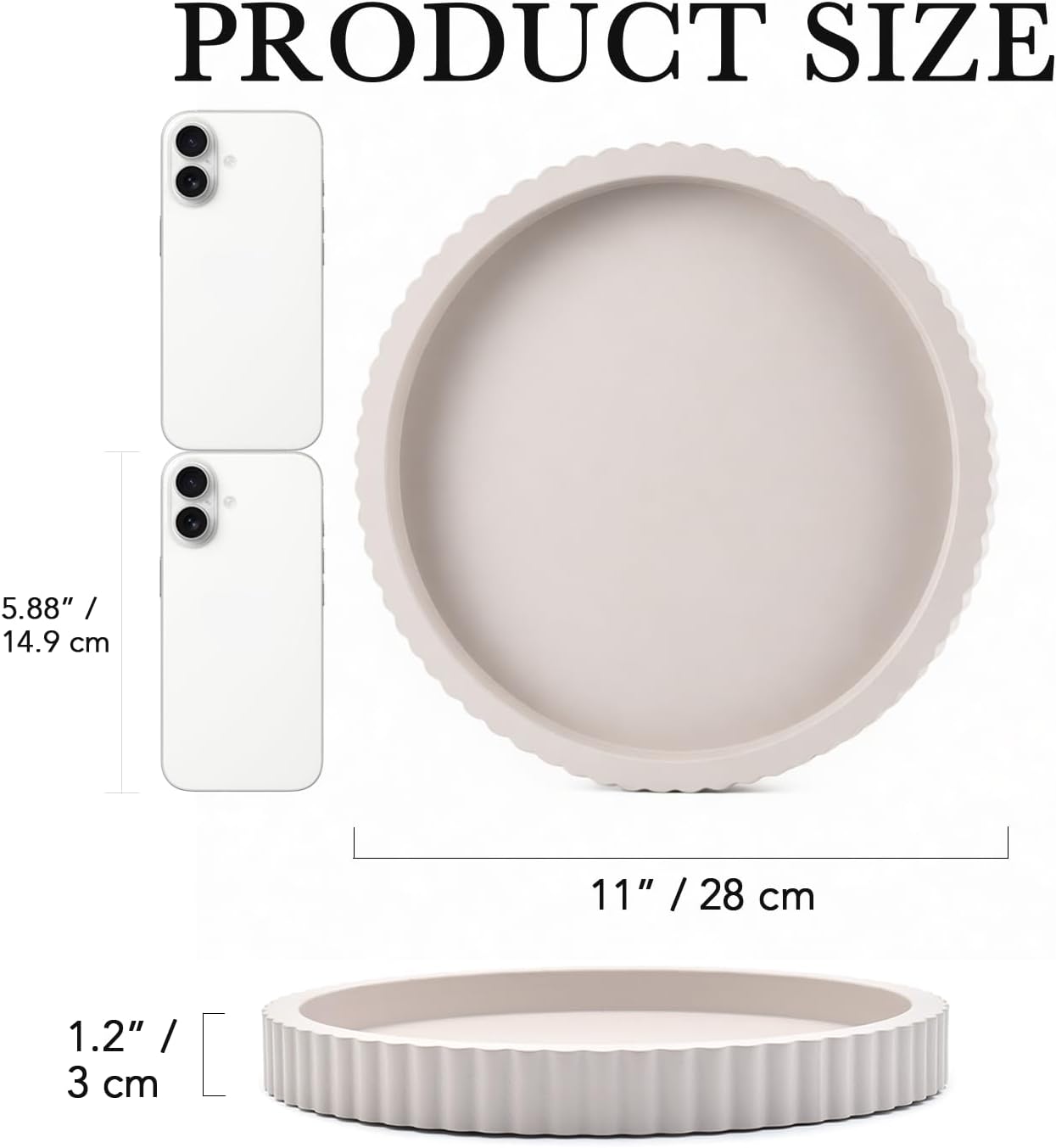 Modern Decorative Tray for Coffee Table, 11" Wooden Gray Beige Round Small Decor Tray for Candle, Perfume, Vanity, Kitchen Island Counter & Table Centerpiece - Image 3