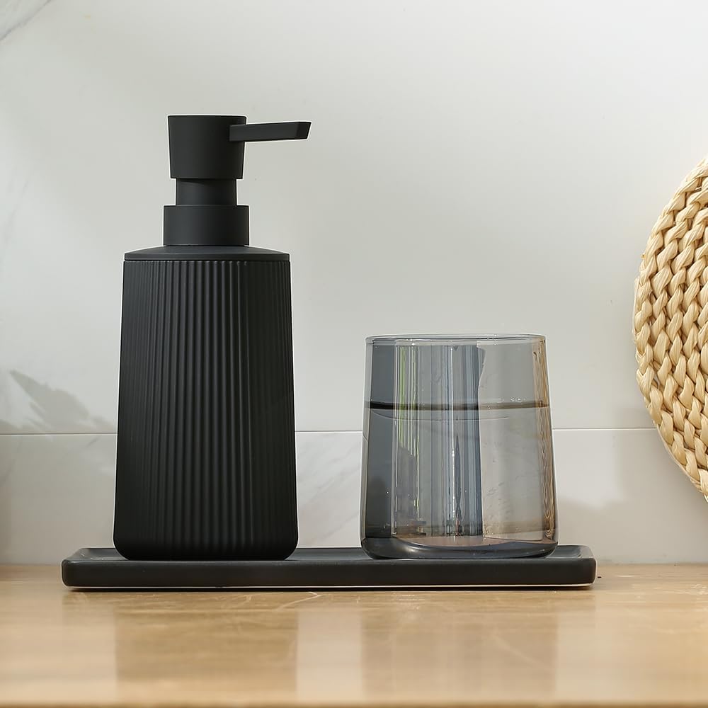 YAUKPH Small Soap Dispenser for Bathroom and Kitchen Matte Black | Modern Farmhouse Striped Style Plastic Hand Soap Dish Soap Dispenser with Pump - Image 2