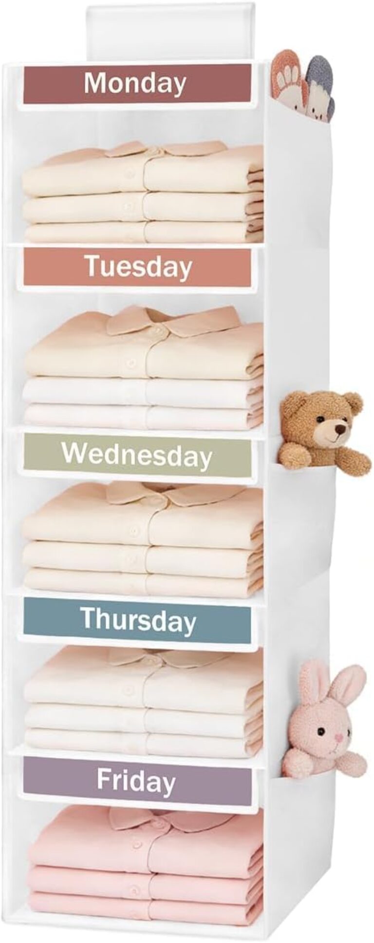 Weekly Clothes Organizer for Kids, 5-Shelf Kid Hanging Closet Organizer w/ 6 Side Pockets, Labeled Weekly Outfit Organizer for Kids, Days of The Week Clothes Organizer Monday Through Friday White