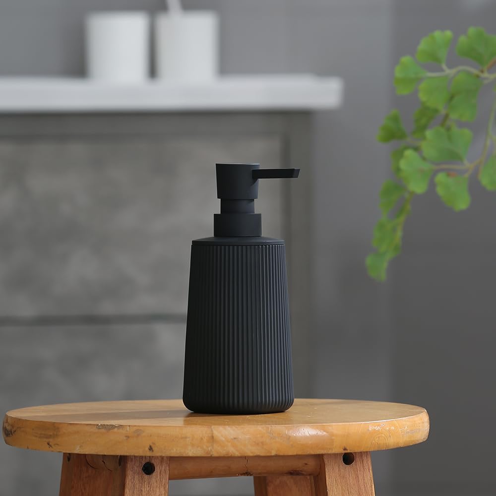 YAUKPH Small Soap Dispenser for Bathroom and Kitchen Matte Black | Modern Farmhouse Striped Style Plastic Hand Soap Dish Soap Dispenser with Pump - Image 5
