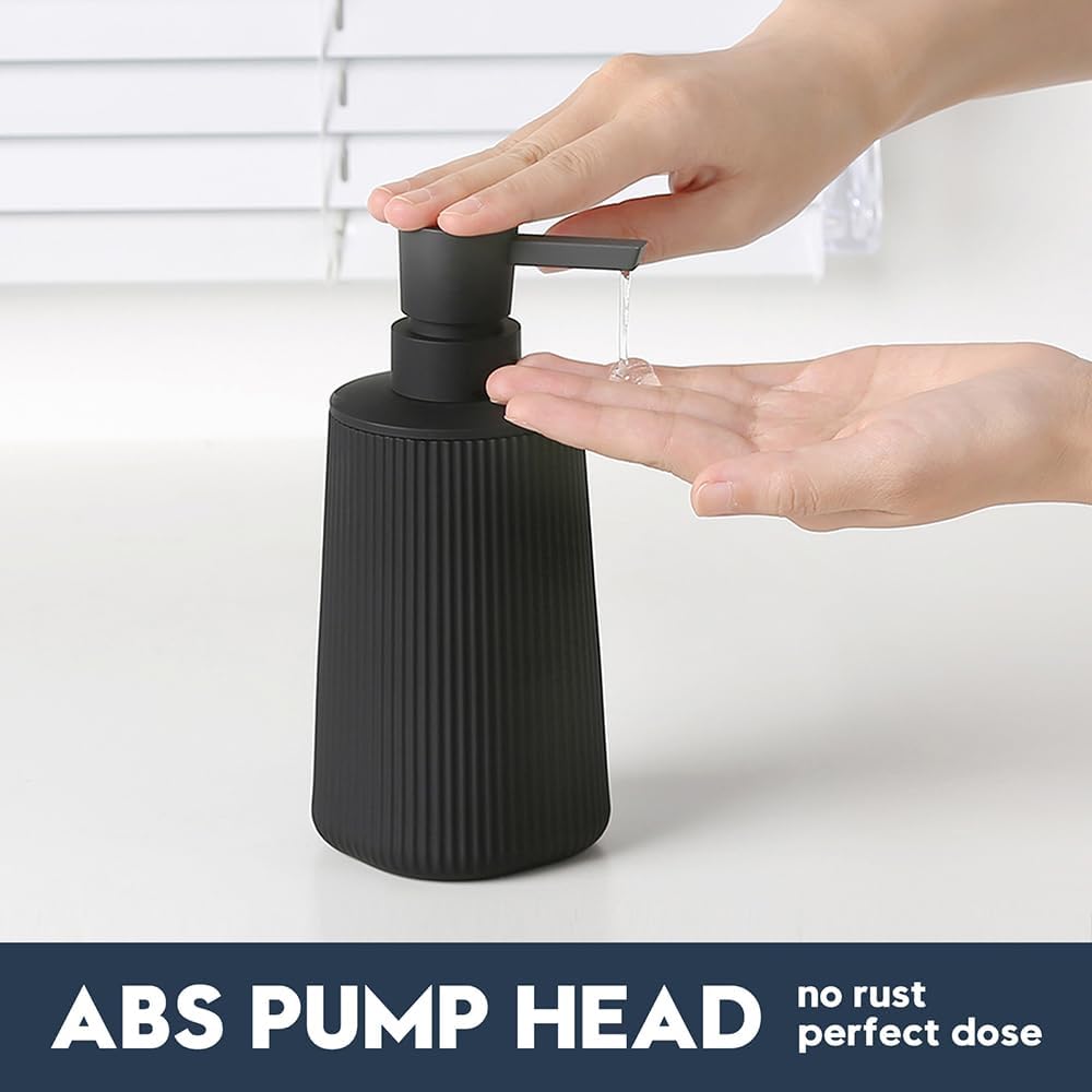 YAUKPH Small Soap Dispenser for Bathroom and Kitchen Matte Black | Modern Farmhouse Striped Style Plastic Hand Soap Dish Soap Dispenser with Pump - Image 3