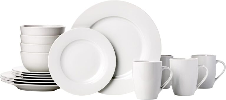 Amazon Basics 16-Piece Porcelain Dinnerware Set, Microwave and Dishwasher Safe, Service for 4, Plates, Bowls and Mugs, White