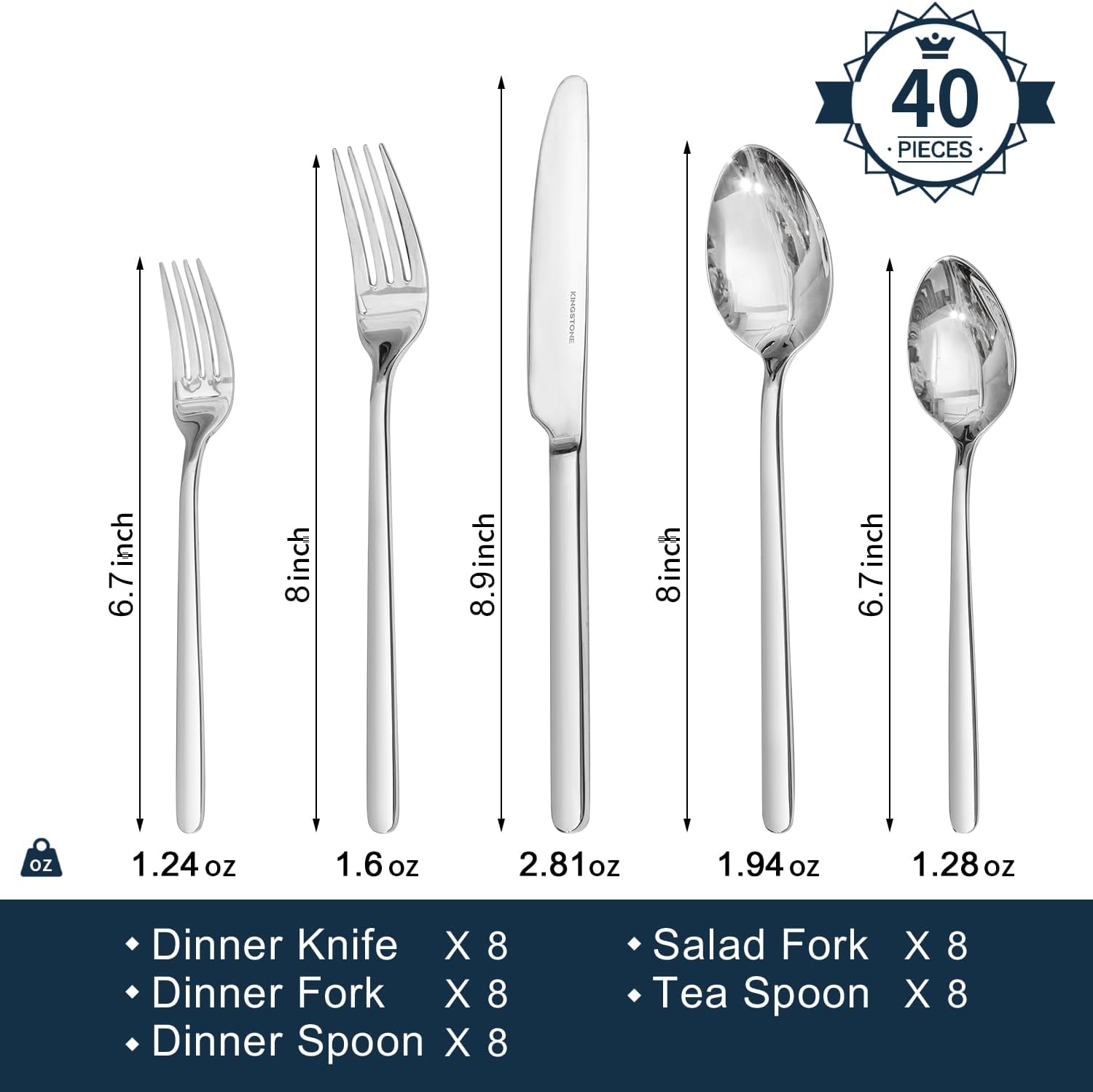 40 Piece Silverware Set, Flatware Set for 8, 18/10 Stainless Steel Cutlery Set Mirror Polished Modern Design Dishwasher Safe - Image 2