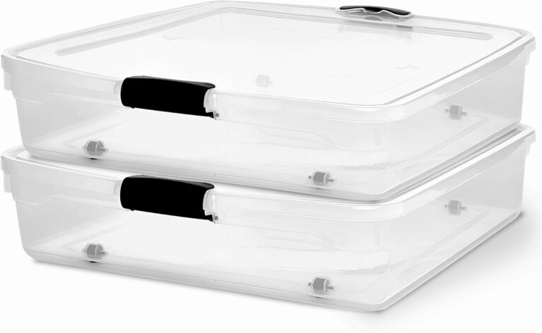 HOMZ 56 Quart Clear Latching Underbed Plastic Storage with Wheels, 2-Pack, Multipurpose for Clothes, Shoes, and Bedding