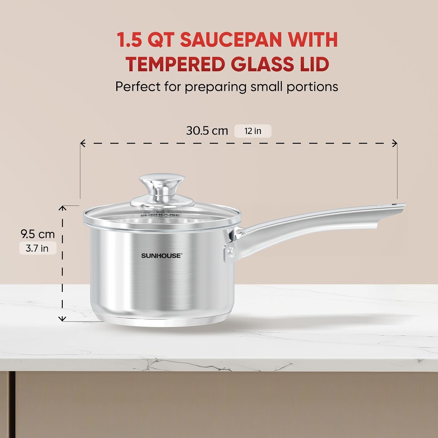 SUNHOUSE 1.5 QT Stainless Steel Sauce Pan with Lid, Small Pot for Cooking | PFOA-Free Uncoated Milk Pan & Butter Warmer, Mini Saucepan with Impact Bonding Base for Induction, Gas, Electric - Image 2