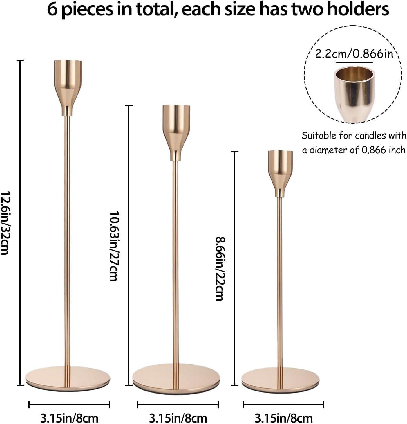 French Gold Candle Holders Set of 6, Metal Taper Candle Holders, Gold Candlestick Holders, Fits 2.2cm Thick Candle&Led Candles, for Table Centerpiece, Mantels, Weddings, Dining, Party - Image 2