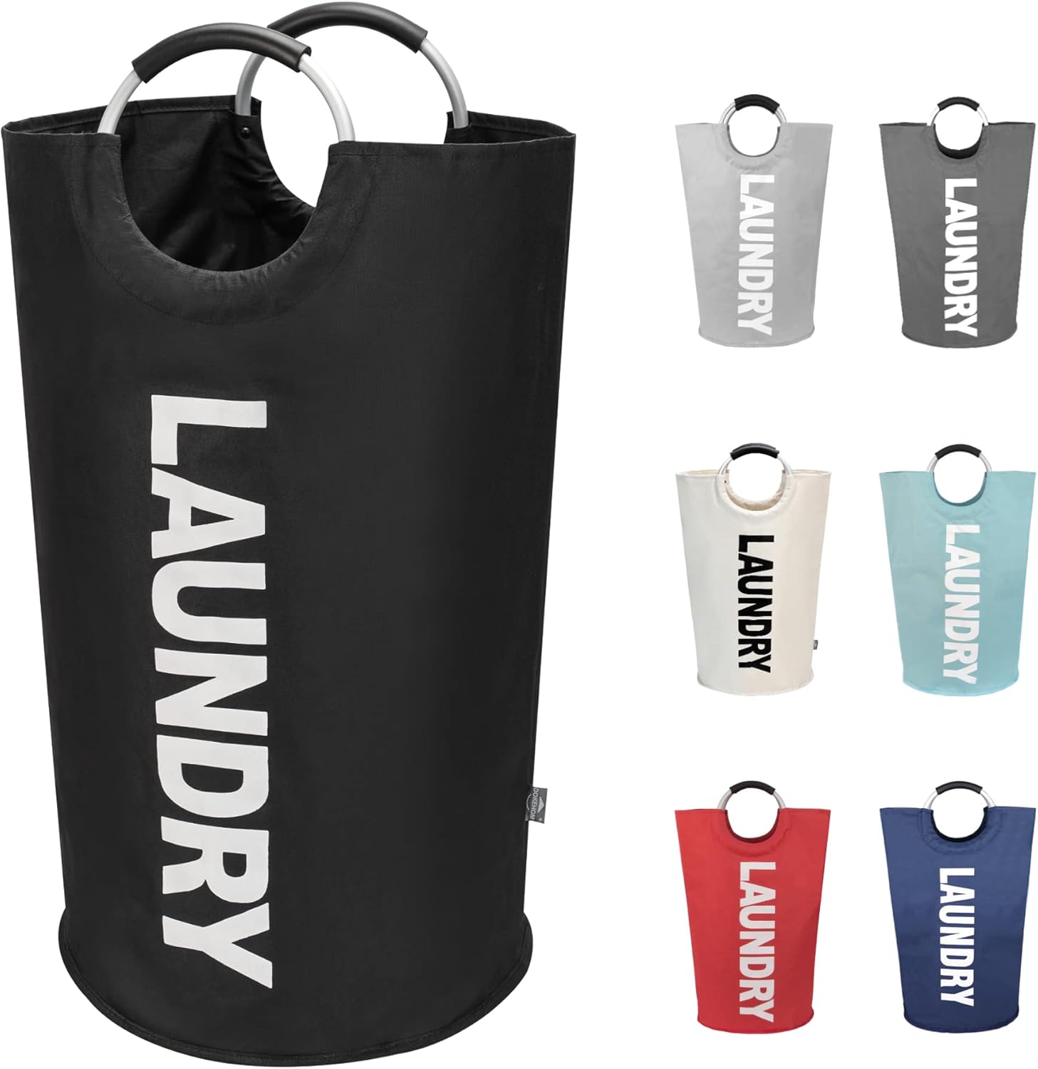 DOKEHOM 90L Large Laundry Basket Bag, Collapsible Tall Hamper, Black | Freestanding tall washing bin & foldable laundry bag. High-capacity clothes storage basket with durable sturdy handles