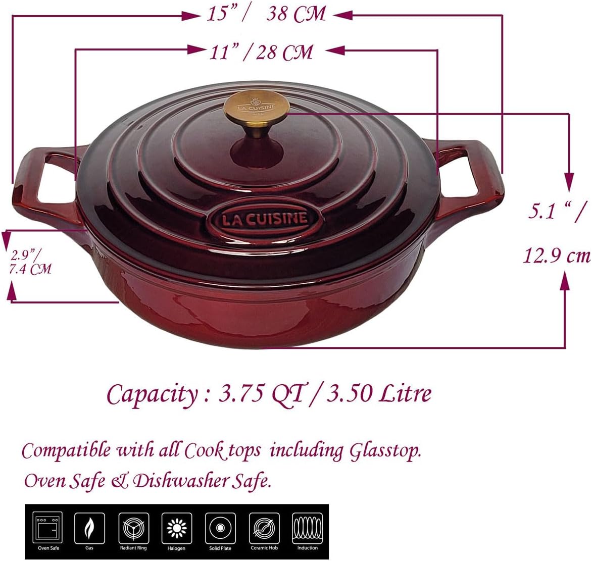La Cuisine Enameled Cast Iron Braiser Sauté Pan Shallow Dutch Oven with Golden Knob for Lid Internal Matt Black Enamel 3.75 QT 11" / 28cm Ø Oven-Safe 550°F/276°C, Cranberry - Image 9