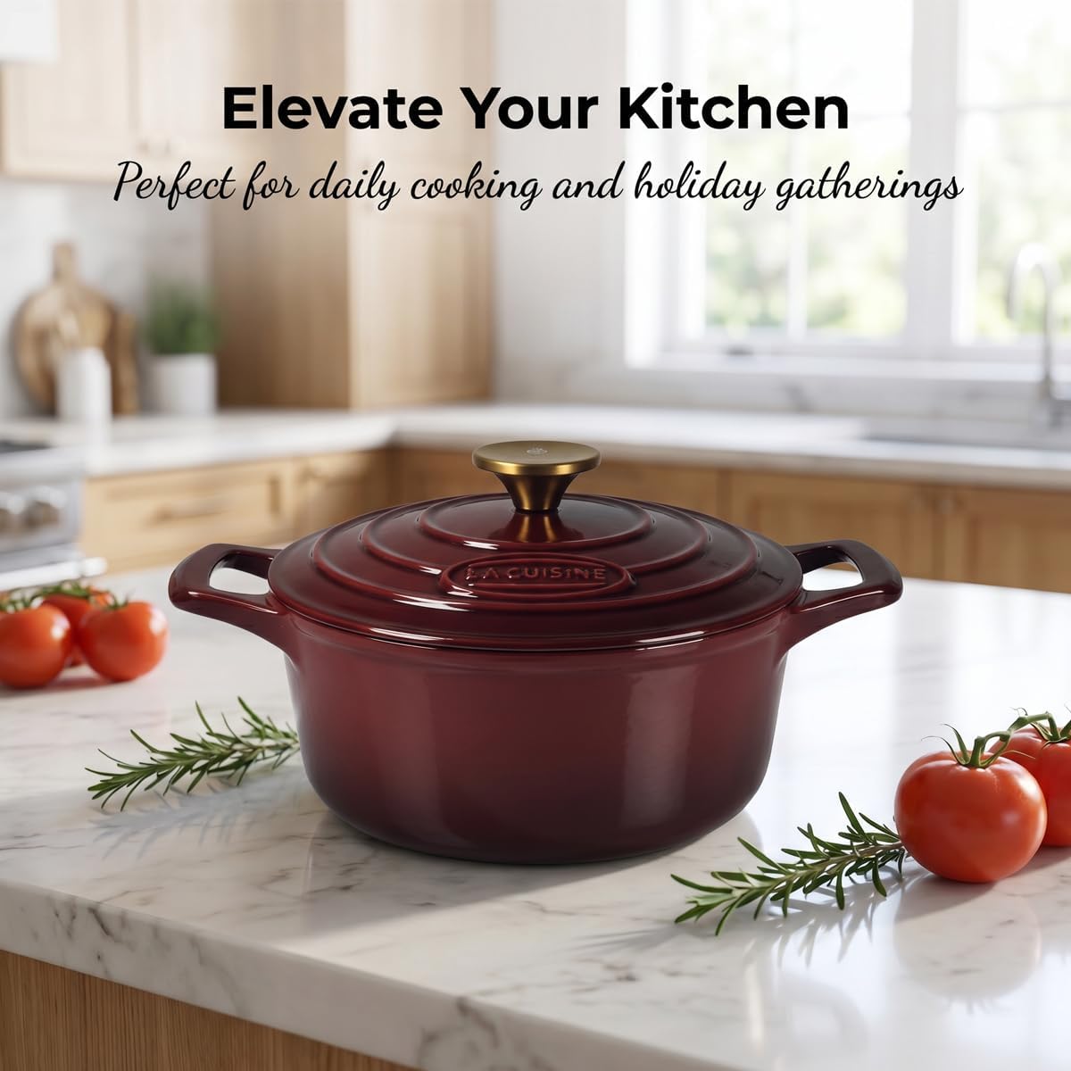 La Cuisine Enameled Cast Iron Dutch Oven Casserole Pot with Golden handle for Lid, Internal Matte Black Enamel Coating, 5 QT 10.5" / 26cm Ø, Oven-Safe 550°F/276°C, Cranberry - Image 7