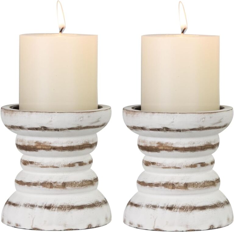 Candle Holder for Pillar Candle Set of 2, Farmhouse Wood Candle Holder, Rustic Wooden Candle Stand, Vintage Small Wooden Candlestick Holders for Living Room, Table Centerpiece, Rustic White