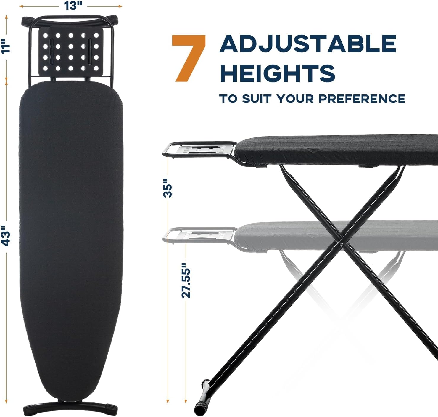 Ironing Board Full Size, RAINHOL Black 54"x13" Compact Ironing Board | Heavy Duty with Iron Rest, Height Adjustable Stand & Heat Resistant Ultra Thick Padding Cover - Image 2