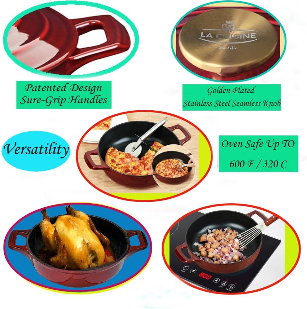 La Cuisine Enameled Cast Iron Braiser Sauté Pan Shallow Dutch Oven with Golden Knob for Lid Internal Matt Black Enamel 3.75 QT 11" / 28cm Ø Oven-Safe 550°F/276°C, Cranberry - Image 3