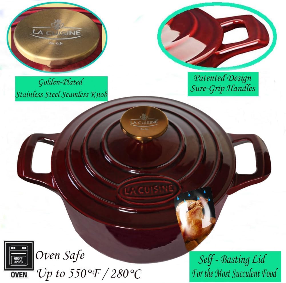 La Cuisine Enameled Cast Iron Dutch Oven Casserole Pot with Golden handle for Lid, Internal Matte Black Enamel Coating, 5 QT 10.5" / 26cm Ø, Oven-Safe 550°F/276°C, Cranberry - Image 3