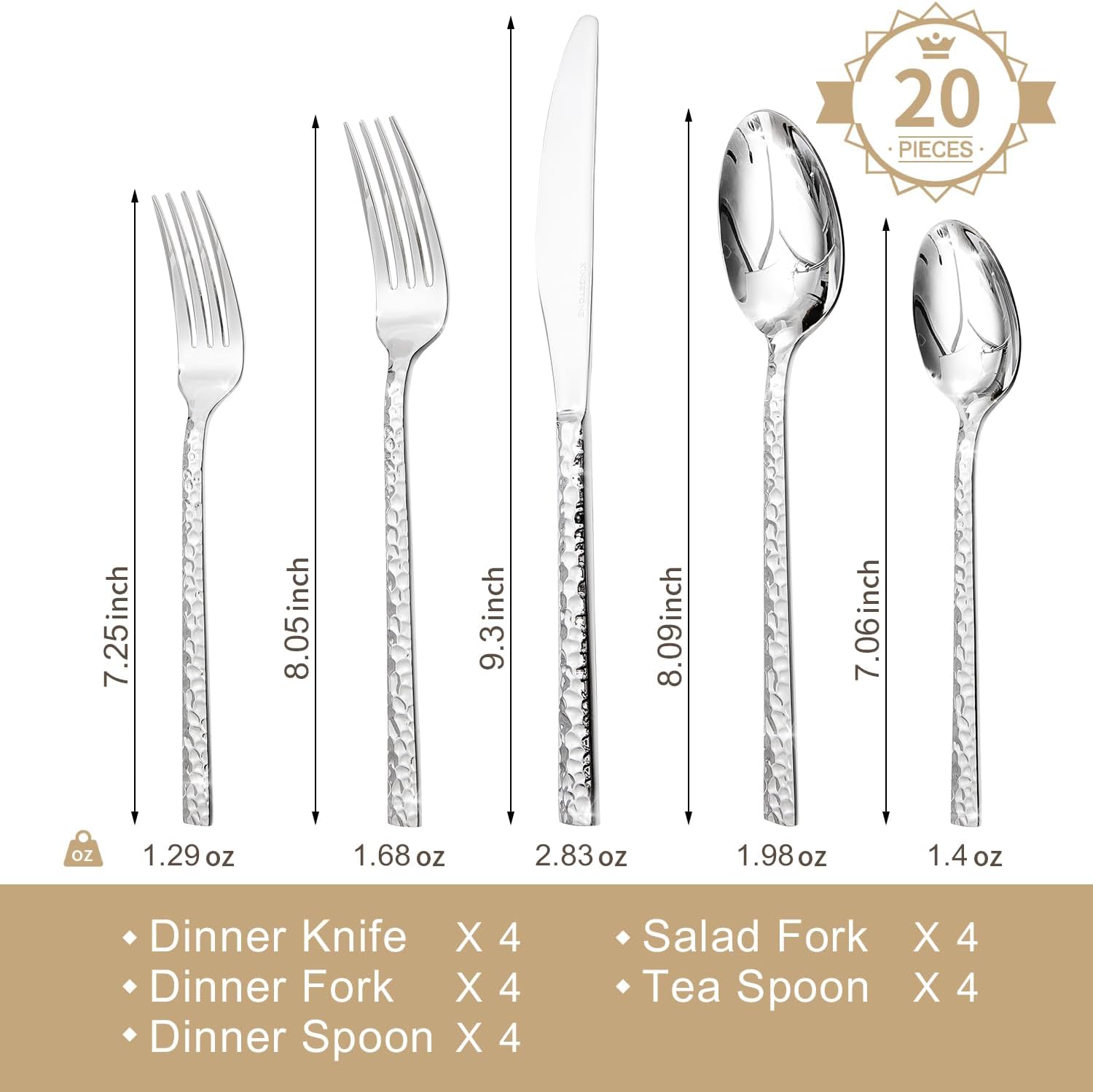 20 Piece Hammered Silverware Set, 18/10 Stainless Steel Flatware Set for 4 | KINGSTONE Mirror Polished Knives Forks Spoons Utensils, Cutlery Set for Home, Party, Wedding, Housewarming, Dishwasher Safe - Image 2