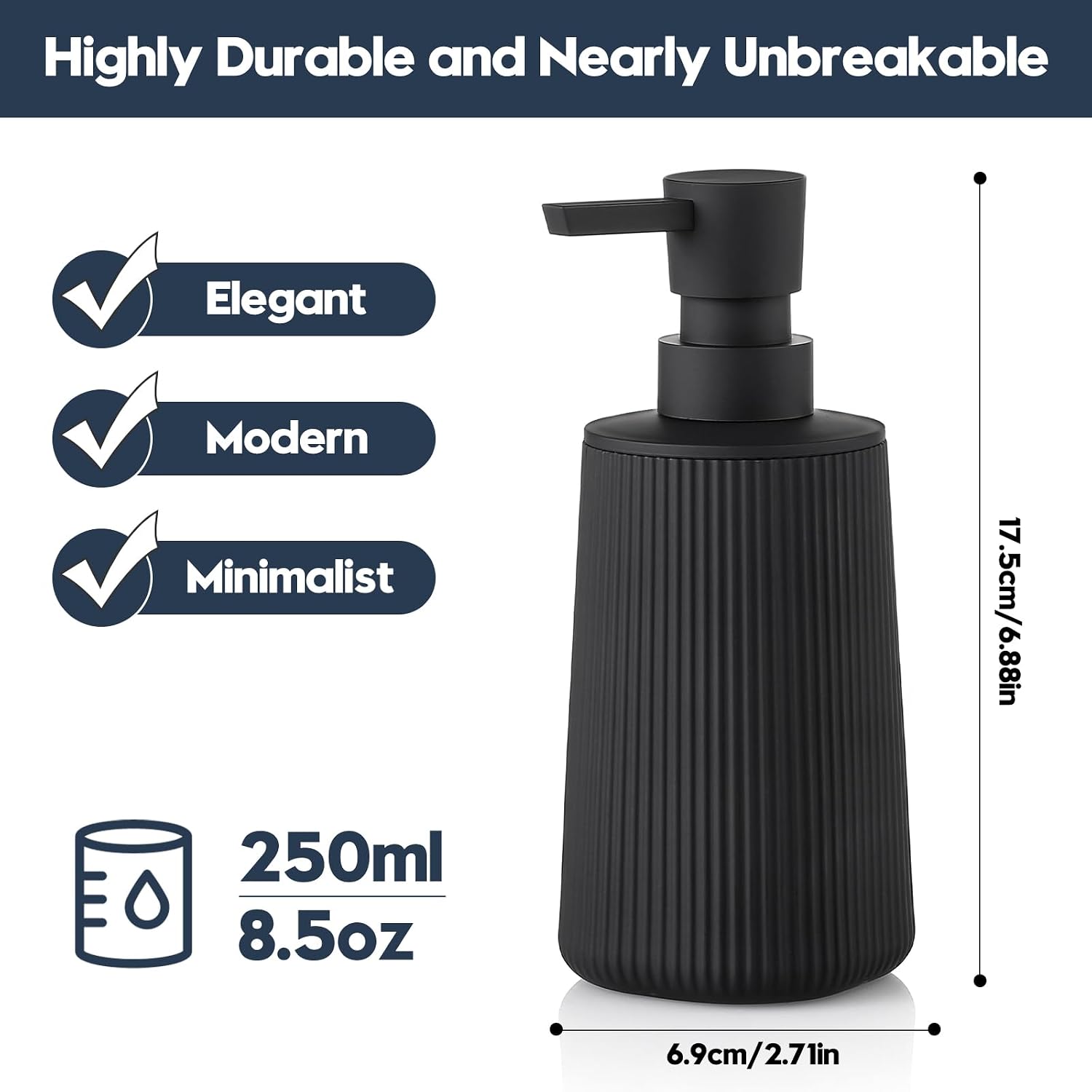 YAUKPH Small Soap Dispenser for Bathroom and Kitchen Matte Black | Modern Farmhouse Striped Style Plastic Hand Soap Dish Soap Dispenser with Pump - Image 6