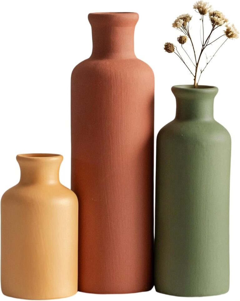 Modern Ceramic Vase Set of 3, Neutral Colors, Decorative Bottles for Home, Farmhouse Rustic Decor, Housewarming Gifts, Wedding Gifts, Bridal Shower Gifts, Birthday Gifts for Women (Green Mix)