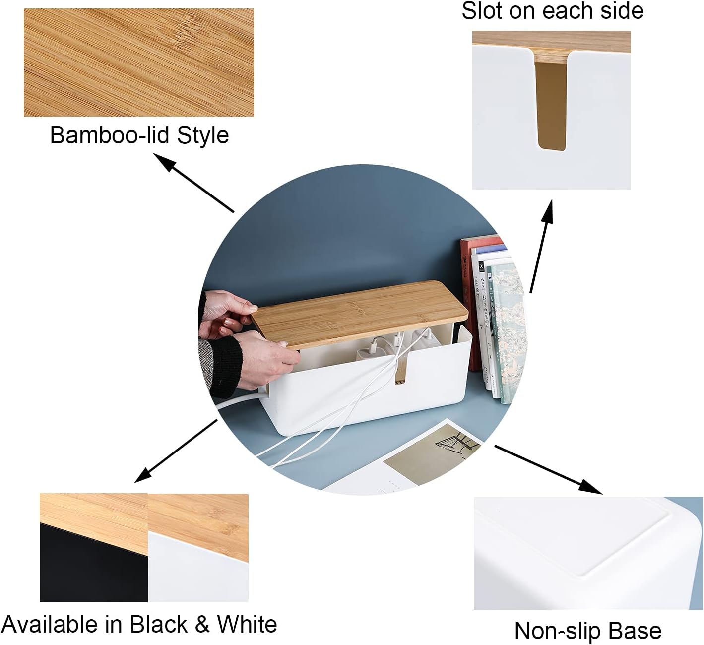 Changsuo Small Cable Management Box with Bamboo Lid for Extension Cord Power Stripe Surge Protector Wire Concealer Organizer Cover Hider (White) - Image 6