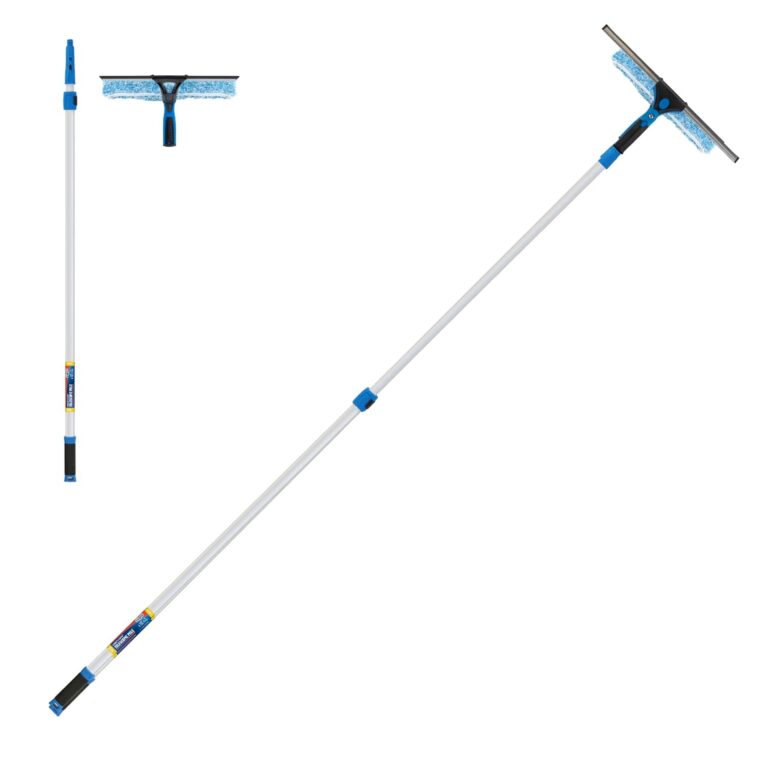 Unger Professional 2-in-1 Squeegee and Scrubber, 14” Window Cleaning Tool and 8’ Connect & Clean Pole, Essential Glass Supplies for Commercial and Residential Use, Microfiber Sleeve