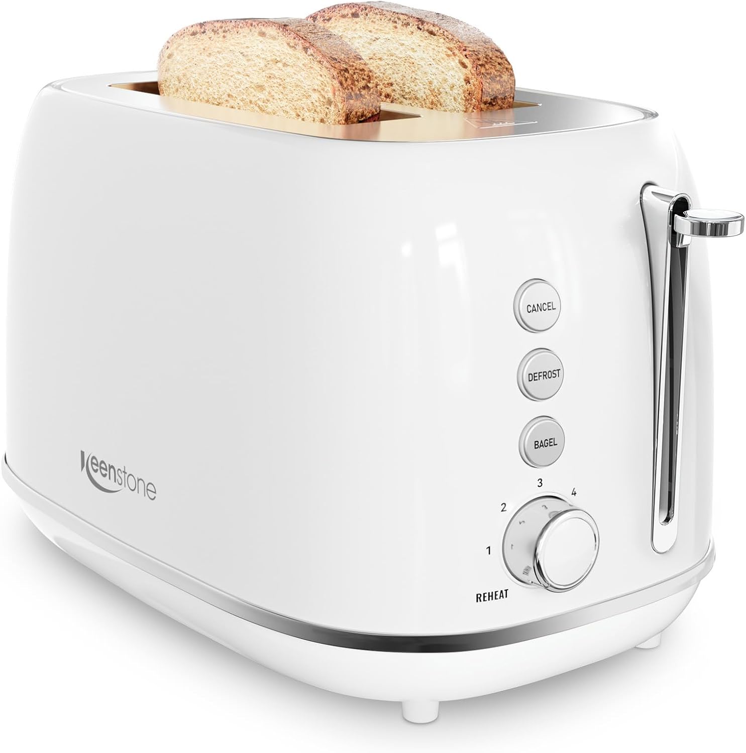 Keenstone 2 Slice Toaster, Retro Stainless Steel Kitchen Essentials, White | Retro Kitchen Decor, 18/8 Food-Grade Steel, 1.5” Slots & 6 Browning Levels, Bagel/ Defrost/ Reheat, Removable Crumb Tray