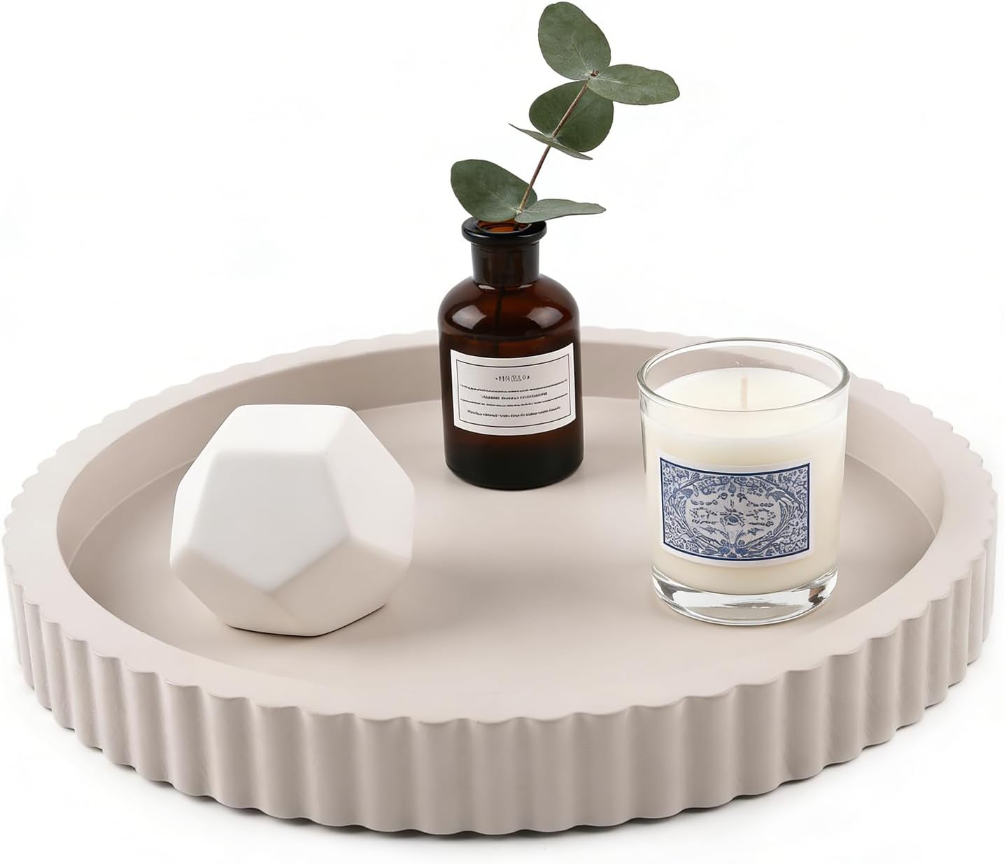 Modern Decorative Tray for Coffee Table, 11" Wooden Gray Beige Round Small Decor Tray for Candle, Perfume, Vanity, Kitchen Island Counter & Table Centerpiece