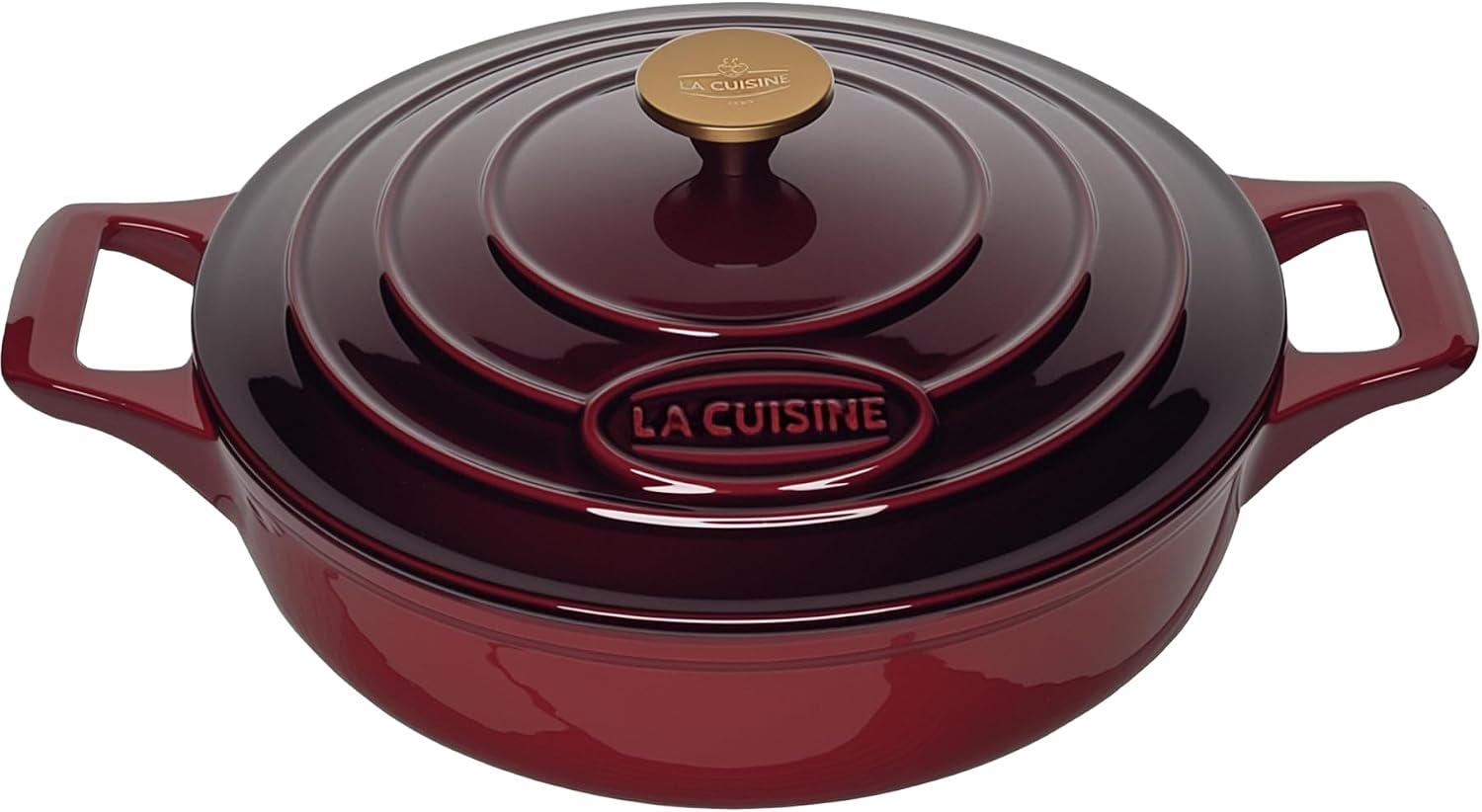 La Cuisine Enameled Cast Iron Braiser Sauté Pan Shallow Dutch Oven with Golden Knob for Lid Internal Matt Black Enamel 3.75 QT 11" / 28cm Ø Oven-Safe 550°F/276°C, Cranberry