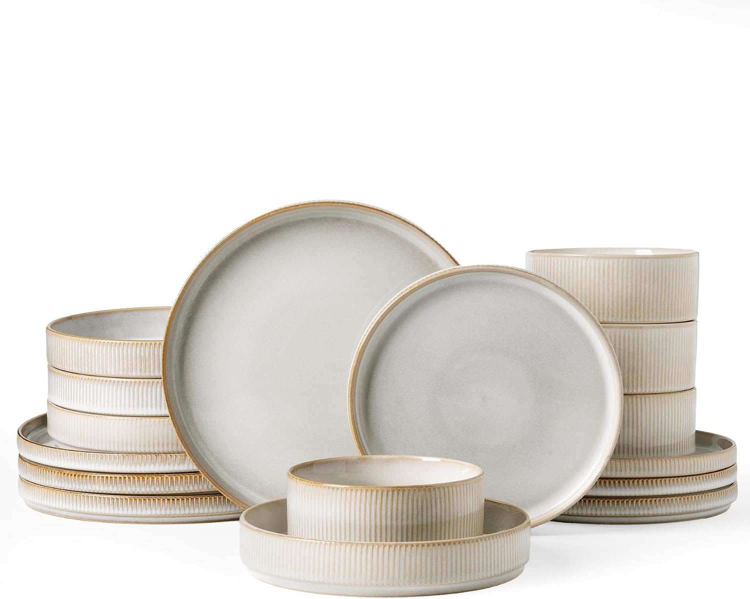 Famiware Star Stoneware Dinnerware Sets with Pasta Bowls, 16pc Dishes for 4 | Ceramic Plates and Double Bowls. Chip & Scratch Resistant. Microwave & Dishwasher Safe, Everyday Formal Use, Cappuccino White