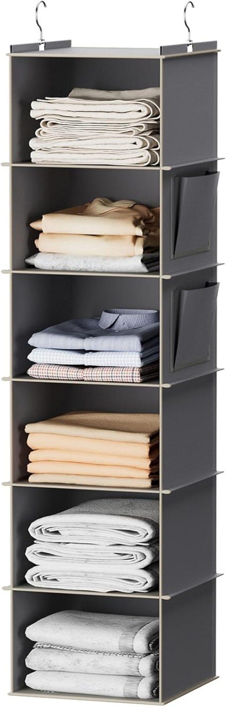 YOUDENOVA Hanging Closet Organizer and Storage, 6-Shelf, Grey | Dorm Room Essentials for Guys, Clothes Organizer with 2 Side Pockets, Hanging Shelves for Closet Storage, Breathable Fabric