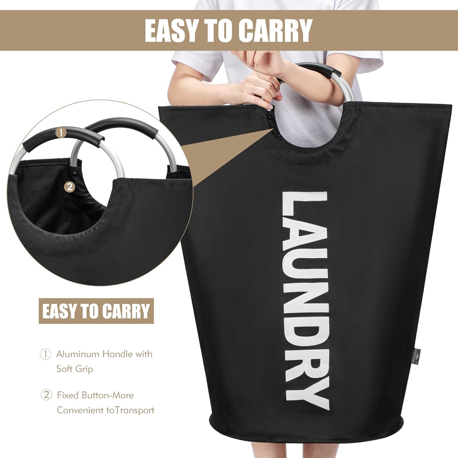 DOKEHOM 90L Large Laundry Basket Bag, Collapsible Tall Hamper, Black | Freestanding tall washing bin & foldable laundry bag. High-capacity clothes storage basket with durable sturdy handles - Image 4