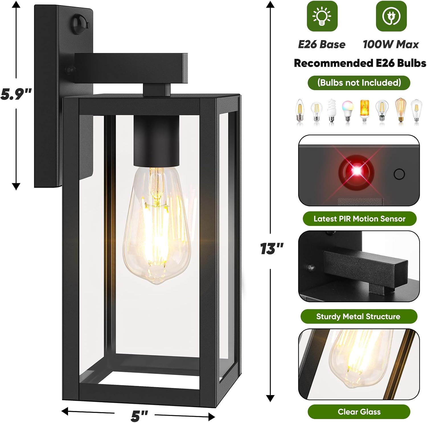 BesLowe 2-Pack 13” Upgraded Motion Sensor Outdoor Wall Lights, Black | Auto ON/OFF, 3 Lighting Modes, Waterproof, Rust-Resistant, Durable Metal & Clear Glass, Standard E26 Sockets, Easy to Install - Image 6