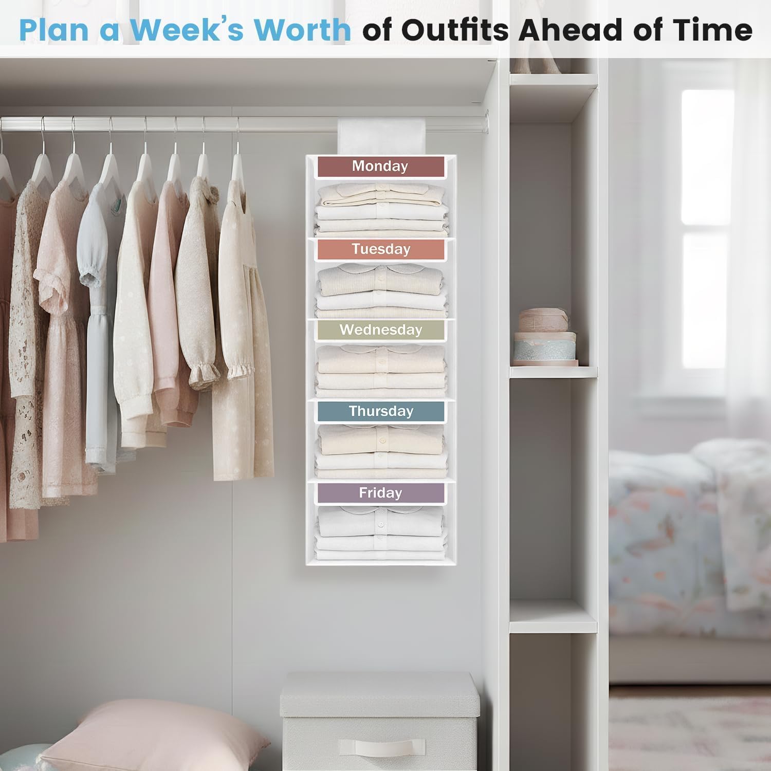 Weekly Clothes Organizer for Kids, 5-Shelf Kid Hanging Closet Organizer w/ 6 Side Pockets, Labeled Weekly Outfit Organizer for Kids, Days of The Week Clothes Organizer Monday Through Friday White - Image 7