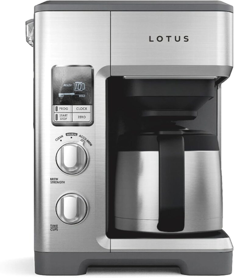 Lotus Coffee Maker with Grounds Scale, Programmable 10-Cup Coffee Maker, The Top Drip, 1500 Watts, Stainless Steel, Professional Series, LTSCM500