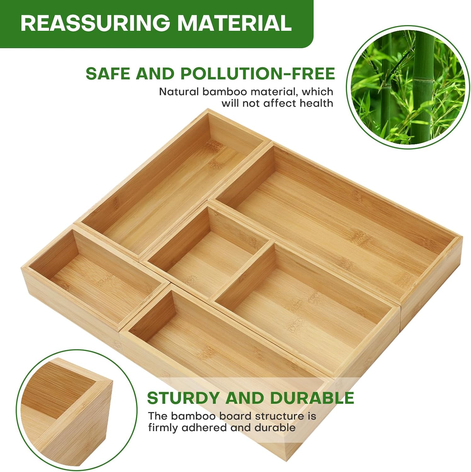 MapleGrace Bamboo Drawer Organizer Set, Individual Wood Storage Organizers | 5 PCS Multi-Use Junk Drawer Divider, Storage Trays Containers for Kitchen, Bathroom, Office Desk, Makeup, Jewelry, Utensils - Image 5