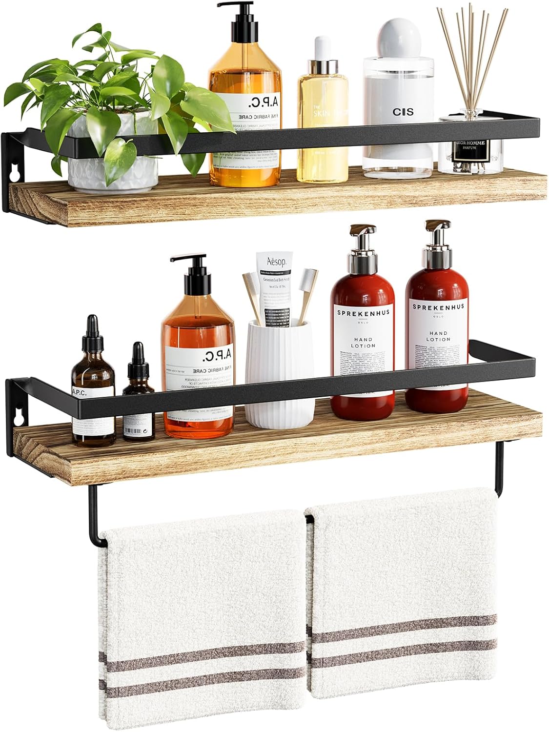 AMADA HOMEFURNISHING Bathroom Shelves with Towel Bar, Floating Shelves, Wall Shelves for Bathroom/Living Room/Kitchen/Bedroom, Light Brown, Set of 2 - AMFS01