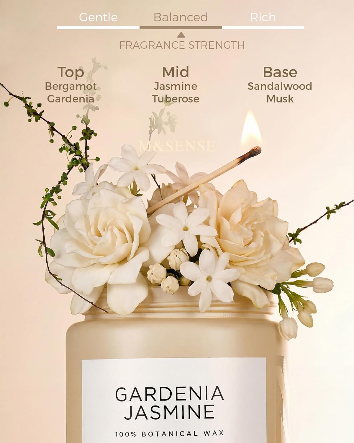 M&SENSE Large Gardenia Jasmine Home Scented Candles, 19.4oz Natural Soy Wax | 110 Hours Long Lasting, Slow Burn, Non Toxic Clean Burn, Spring Floral Scent Aromatherapy Gift for Women - Image 2