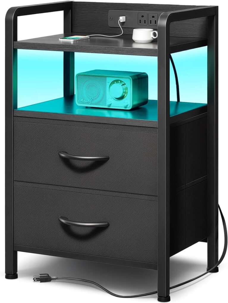 Lazzanto Nightstand with Rear Charging Station, LED Light, 2 Drawers, Black | Industrial Nightstand, 2 USB-A Ports & AC Outlets, Raised Back Guard, Fabric Storage Drawers, Bedside Table for Bedroom, Dorm