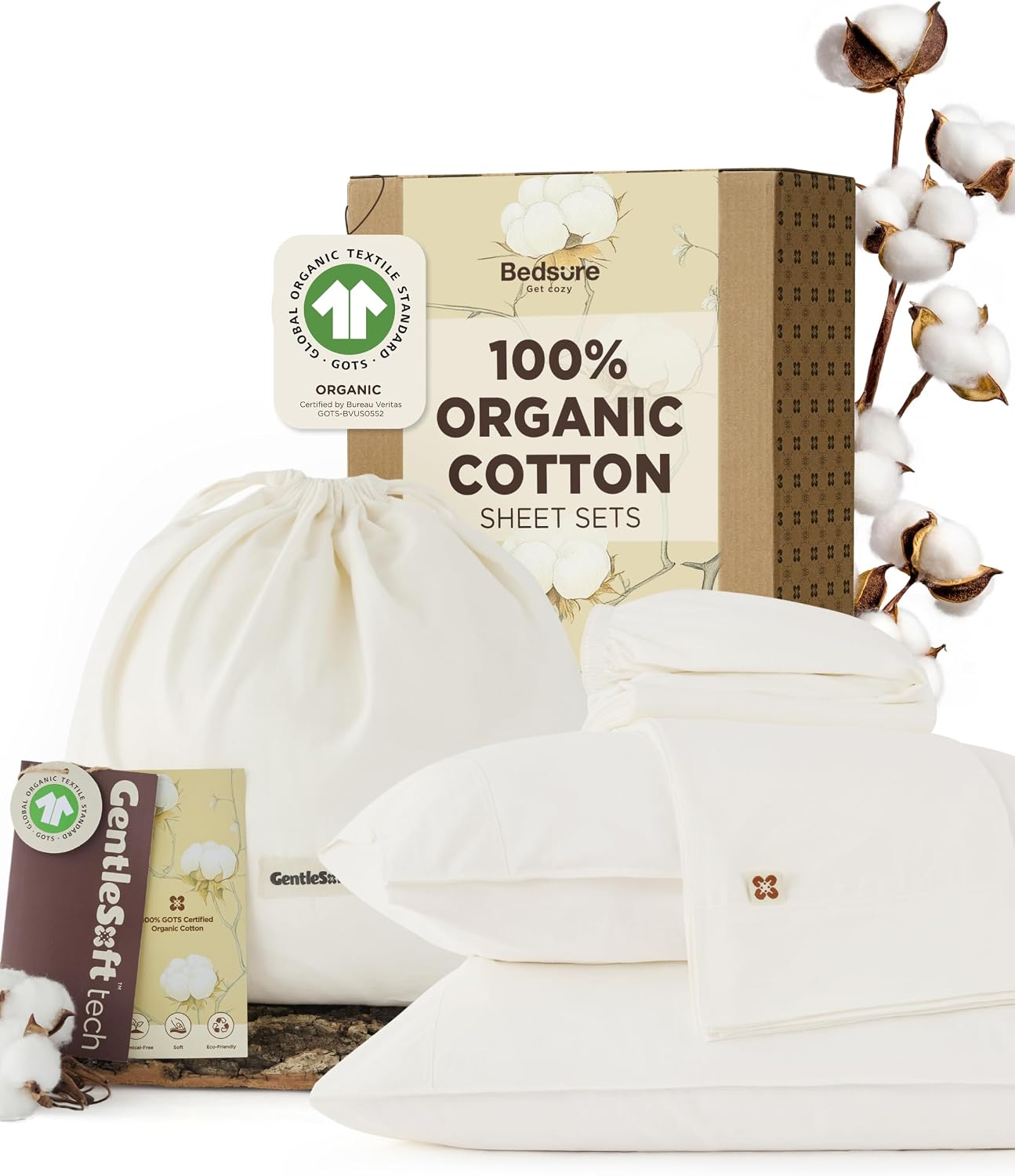 Bedsure PureWoven 100% GOTS Certified Organic Cotton Sheets, Queen Size | Eco-Friendly, 17" Deep Pocket with Corner Straps, Luxury Hotel Soft, Breathable & Durable Sateen Bed Sheets, OEKO-Tex, Ivory