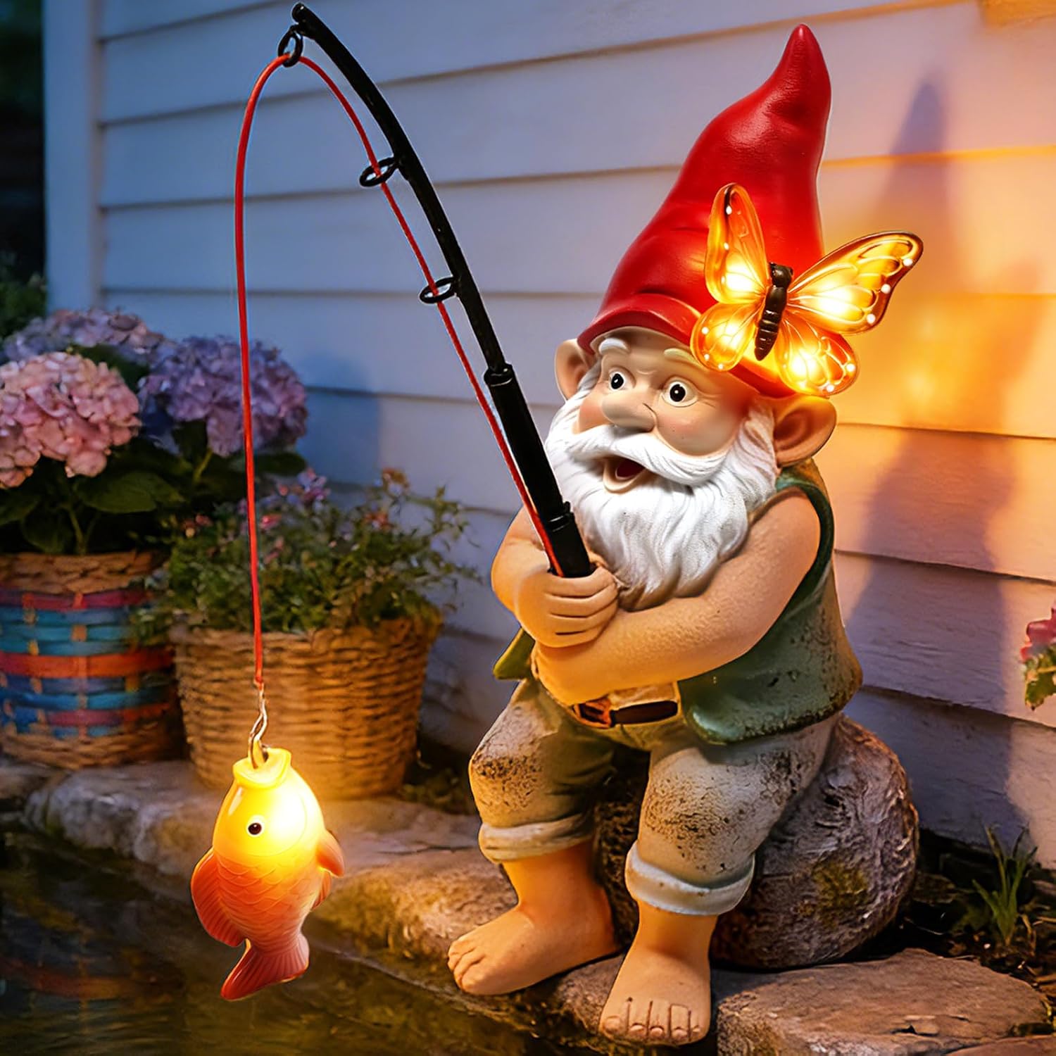 Solar Garden Gnome Statues, Outdoor Fishing Gnome with Butterfly Solar Lights Waterproof, Birthday Gifts for Mom Women Mother's Day, Garden Figurines for Yard Decor Patio Porch Lawn Ornaments