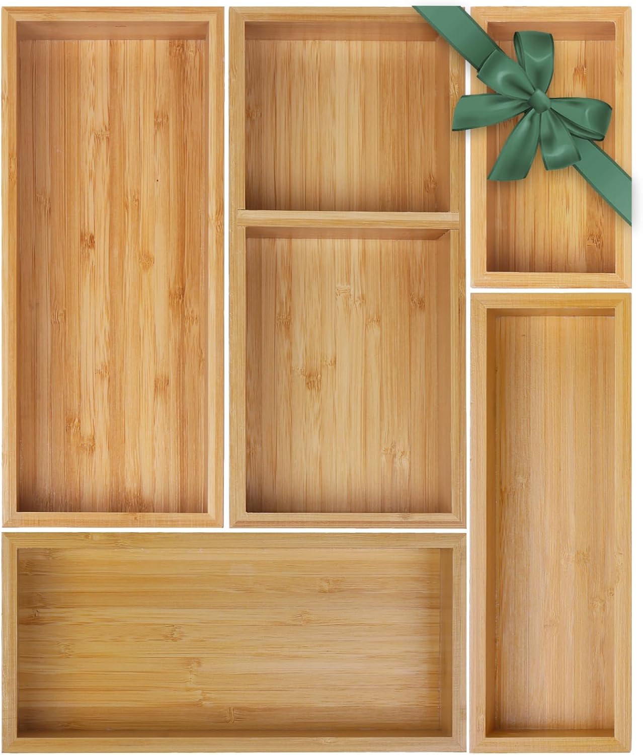 MapleGrace Bamboo Drawer Organizer Set, Individual Wood Storage Organizers | 5 PCS Multi-Use Junk Drawer Divider, Storage Trays Containers for Kitchen, Bathroom, Office Desk, Makeup, Jewelry, Utensils