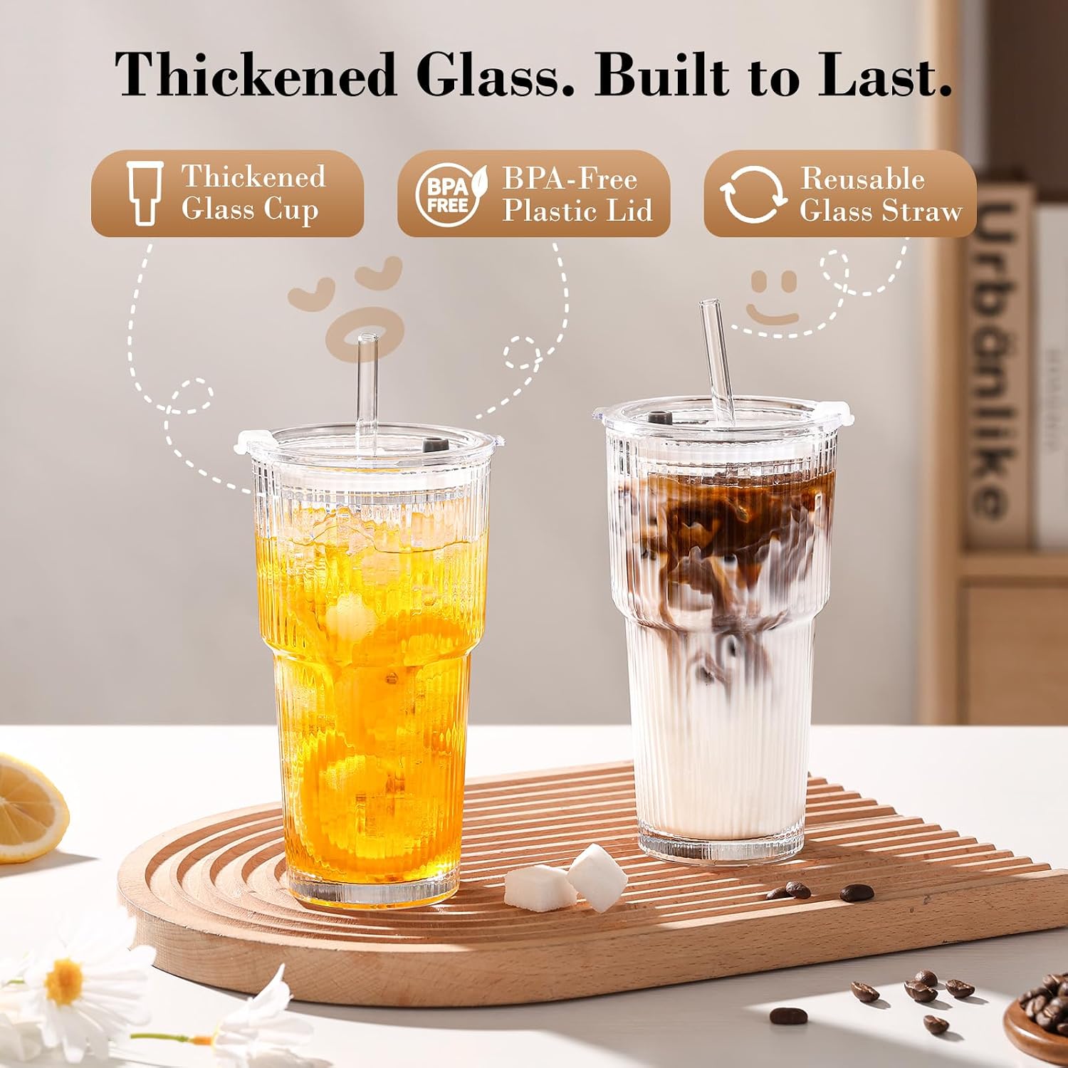 20oz Iced Coffee Cups with Lids, Ribbed Glass Cups with Lids and Straws | Thick Reusable Glass, Leak-Resistant Lids, Fits Most Car Cup Holders, For Iced Coffee, Tea, Smoothies and Cold Drinks - Image 8