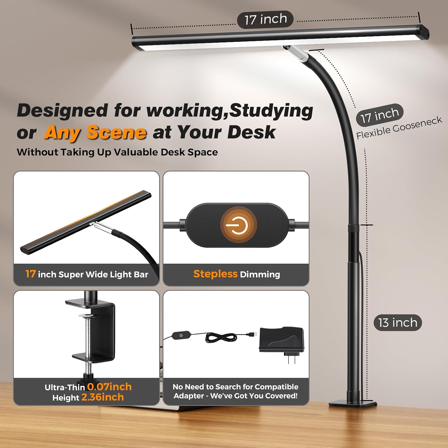 Airlonv LED Desk Lamp for Office Home, Eye-Caring Desk Light with Stepless Dimming Adjustable Flexible Gooseneck, 10W USB Adapter Desk Lamp with Clamp for Reading, Study, Workbench (Black) | 2700K-6500K, 100 LEDs, 360° Gooseneck, Fits Up to 30" Monitors, Flicker-Free Lighting for Home Office, Study& Workbench - Image 3