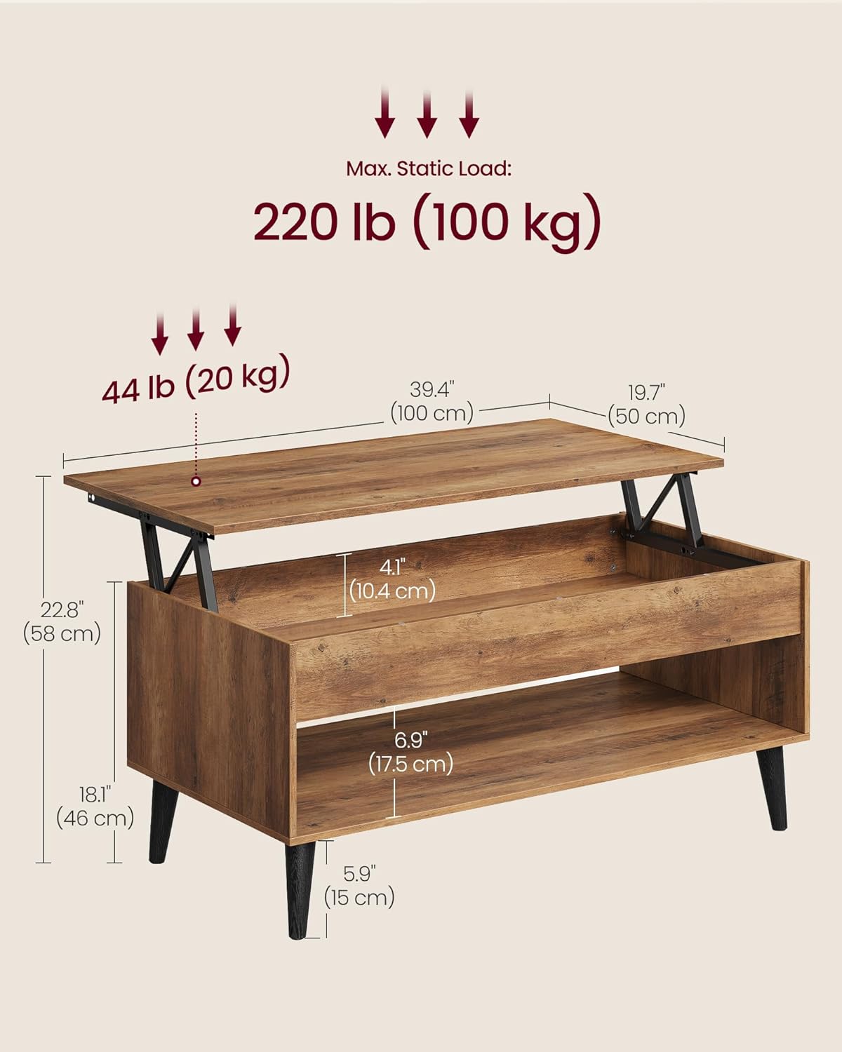 VASAGLE Lift Top Coffee Table, Lift Tabletop Dining Table, Gas Spring, Hidden Compartment, Open Storage Shelf, for Living Room, Home Office, Honey Brown ULCT268KB01S - Image 2