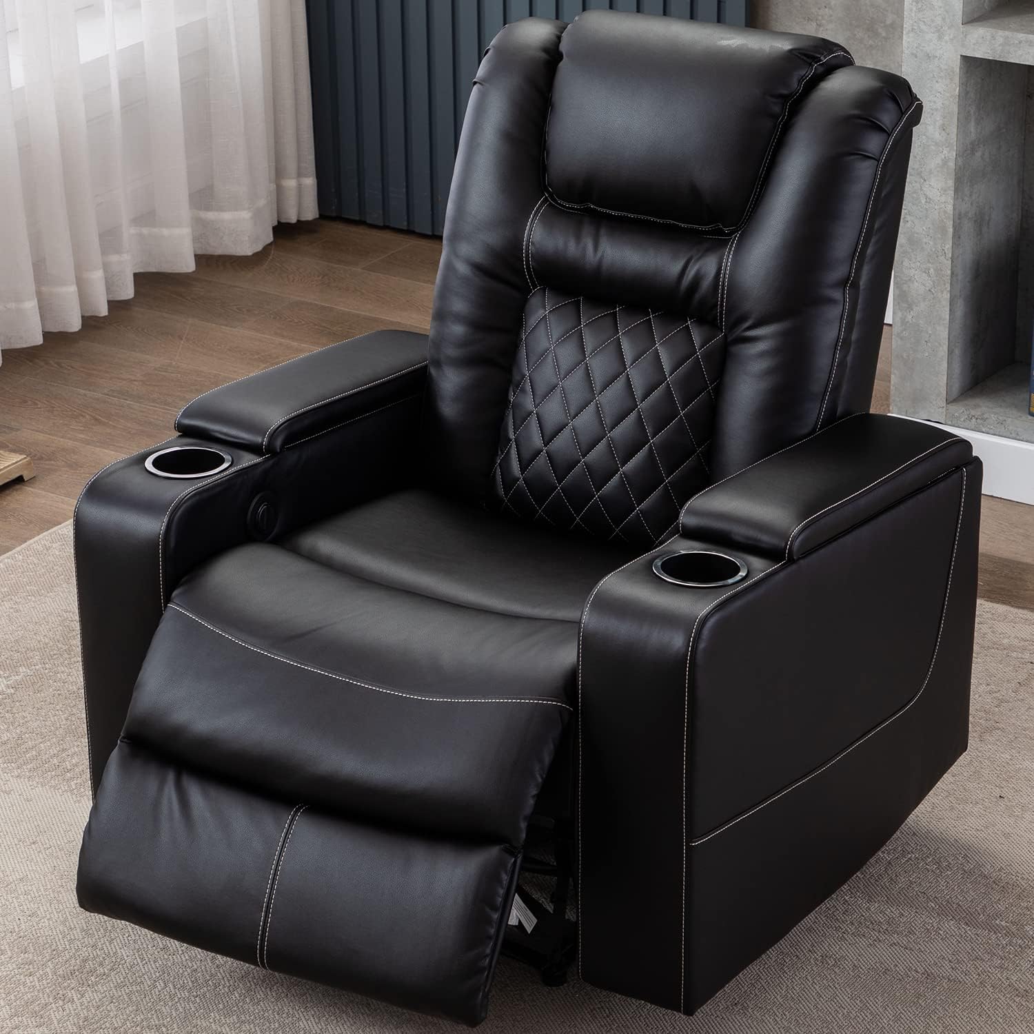 CANMOV Electric Power Recliner Chair with USB Ports and Cup Holders, Breathable Leather Home Theater Seating with Hidden Arm Storage (Black) - Image 8