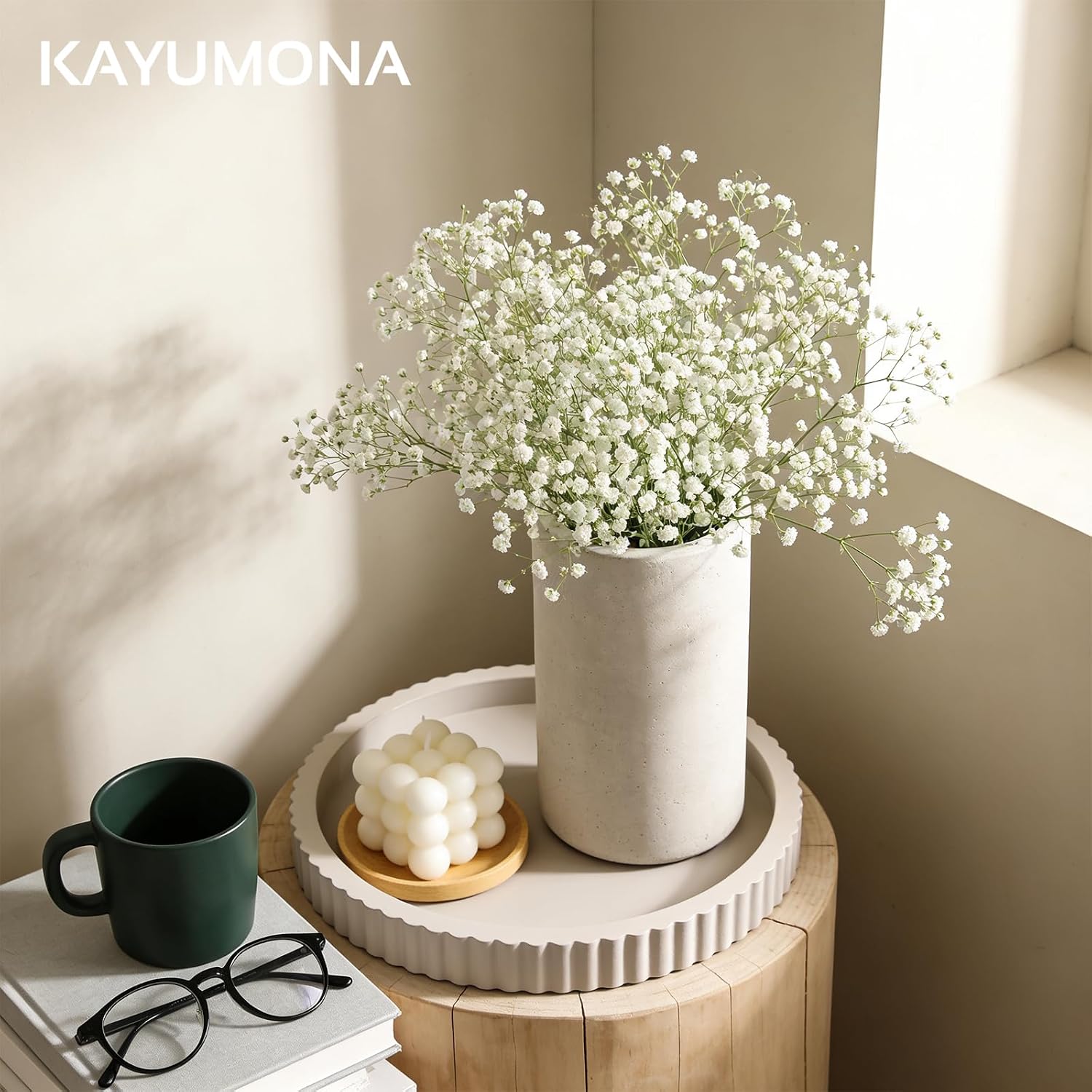 Modern Decorative Tray for Coffee Table, 11" Wooden Gray Beige Round Small Decor Tray for Candle, Perfume, Vanity, Kitchen Island Counter & Table Centerpiece - Image 5
