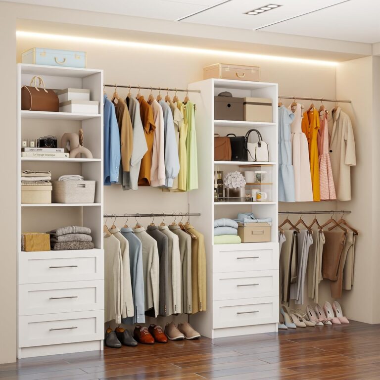 Closet System with 6 Drawers, 5-14FT Custom Closet Organizer System with 8 Expandable Hanging Rods&Adjustable Shelves, Modular Wood Closet Systems Tower for Walk in Closet Storage, 2 Sets, White