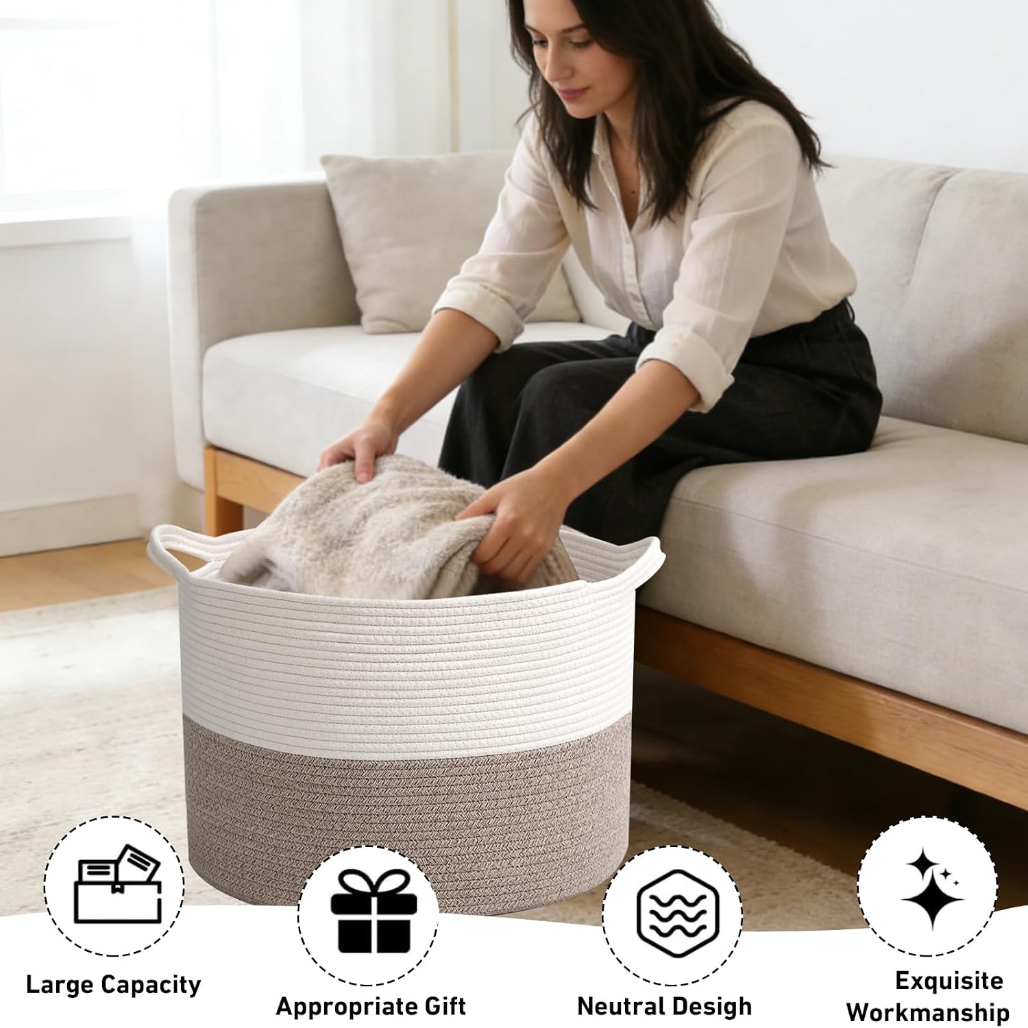 Large Woven Blanket Basket,65L Cotton Rope Laundry Basket | Collapsible Nursery Storage Bin with Sturdy Handles for Clothes, Toys, Pillows, Living Room Bedroom Bathroom - White & Brown - Image 8
