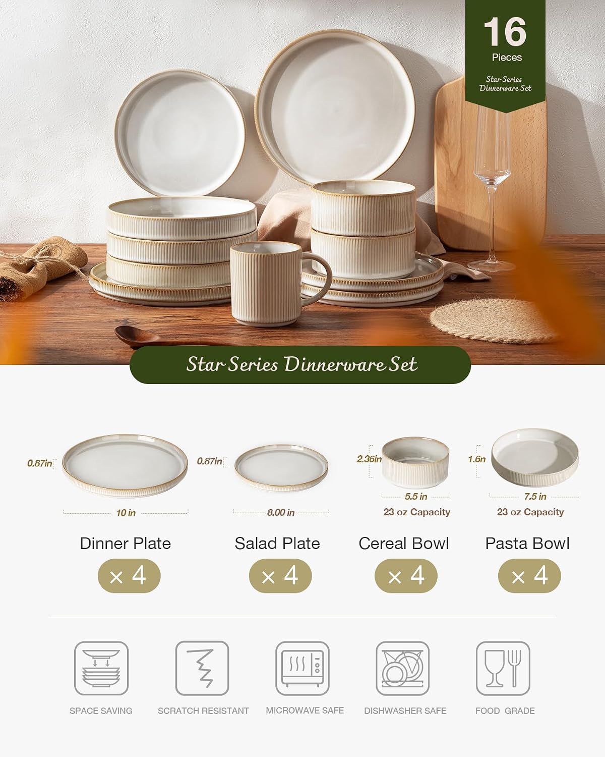 Famiware Star Stoneware Dinnerware Sets with Pasta Bowls, 16pc Dishes for 4 | Ceramic Plates and Double Bowls. Chip & Scratch Resistant. Microwave & Dishwasher Safe, Everyday Formal Use, Cappuccino White - Image 3