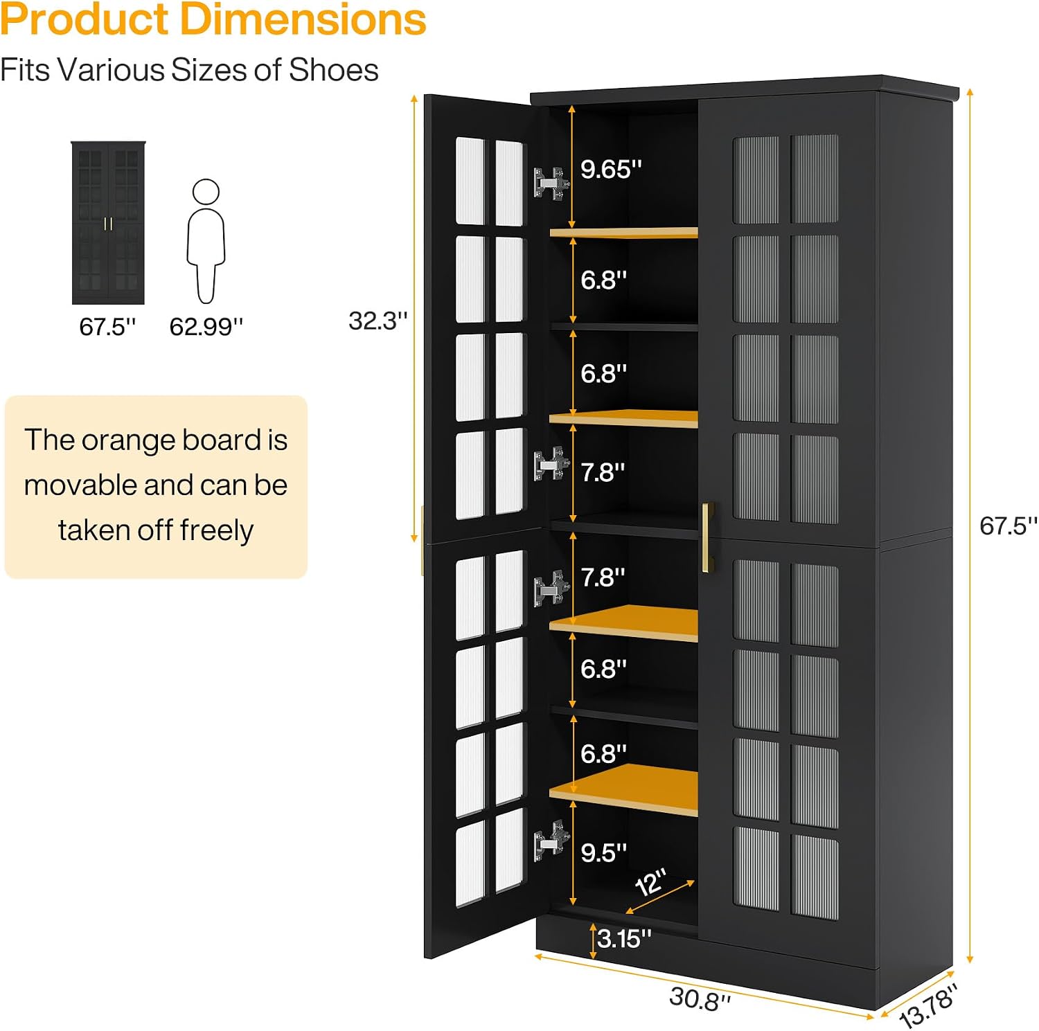 Tribesigns Tall Shoe Cabinet with Doors, 8-Tier Modern Shoe Storage Cabinet | Shoe Rack Cabinet with Adjustable Shelves, Stable and Sturdy, Tall Shoe Organizer for Entryway, Hallway, Closet, Black - Image 4