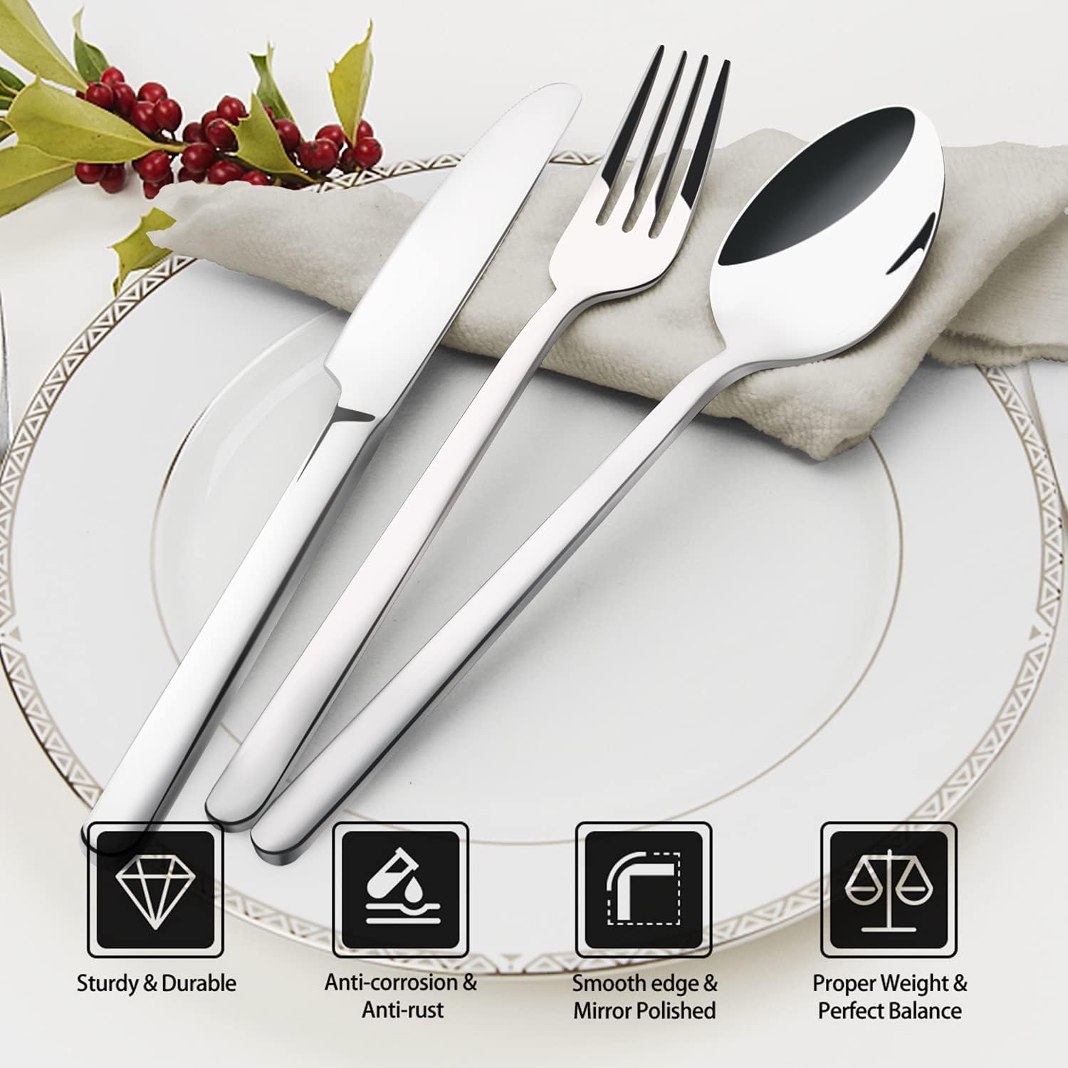 40 Piece Silverware Set, Flatware Set for 8, 18/10 Stainless Steel Cutlery Set Mirror Polished Modern Design Dishwasher Safe - Image 3