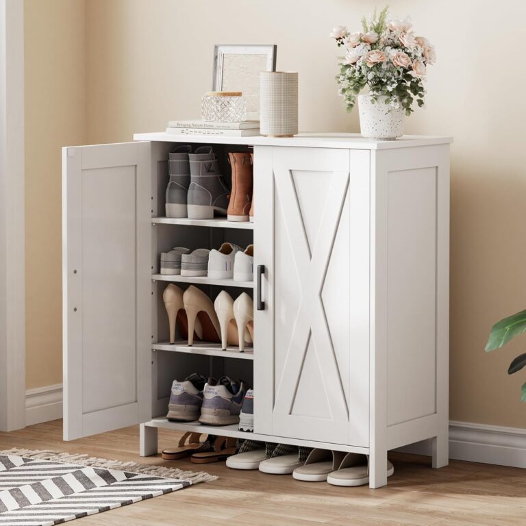 Homleke Farmhouse Shoe Cabinet with 2 Barn Doors & Wood Legs | Tall 4-Tier Shoe Storage Cabinet, 3 Adjustable Shelves, Shoe Rack Organizer, for Entryway, Hallway, Closet, White